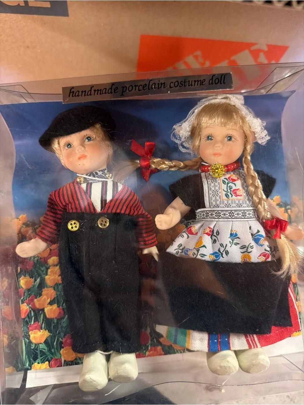 Handmade Dutch Porcelain Souvenir Doll Set - Traditional Black & Red Outfit